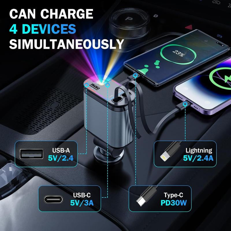 4-in-1 Retractable USB-C Car Charger with Starlight – 66W Fast Charging for iPhone & Android