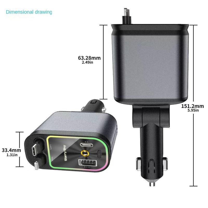 4-in-1 Retractable USB-C Car Charger with Starlight – 66W Fast Charging for iPhone & Android