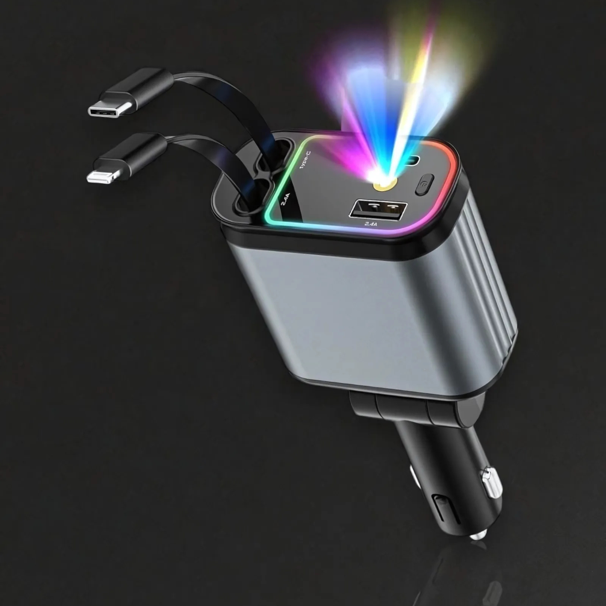 4-in-1 Retractable USB-C Car Charger with Starlight – 66W Fast Charging for iPhone & Android