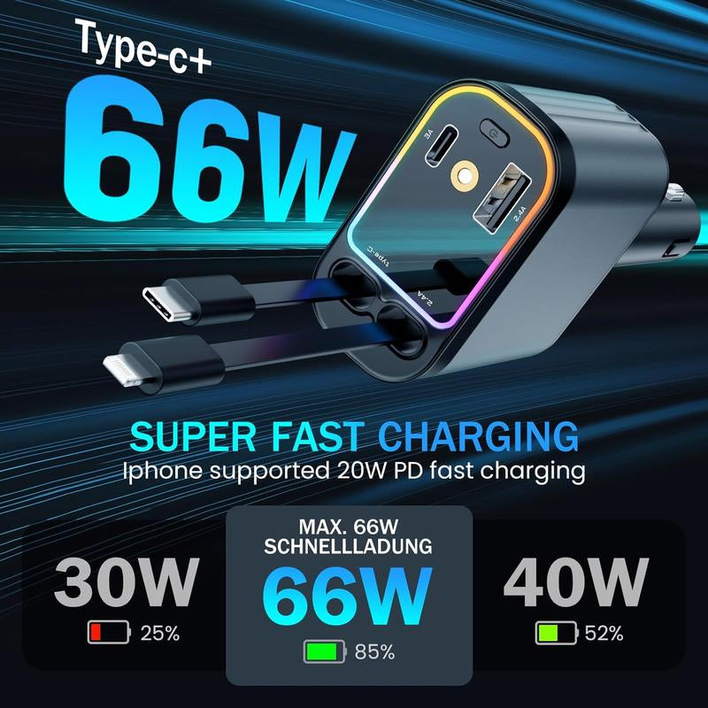 4-in-1 Retractable USB-C Car Charger with Starlight – 66W Fast Charging for iPhone & Android